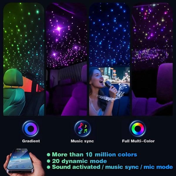 Kit ciel étoilé fibre optique 10W RGBW avec télécommande / APP et activation sonore, 200-1000 fibres 2m / 3m, 0,5mm / 0,75mm,