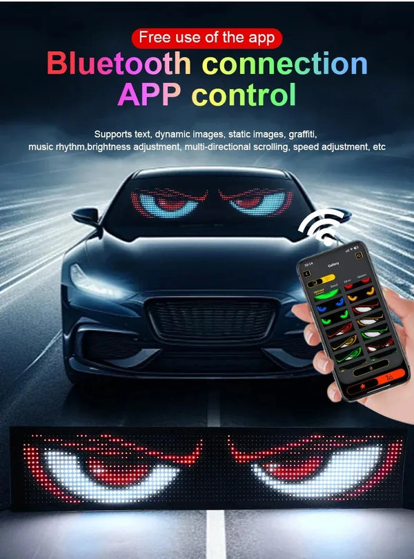 Lumière LED multifonctionnelle yeux du diable lumineux pour pare-brise de voiture, affichage LED à défilement Flexible et pro