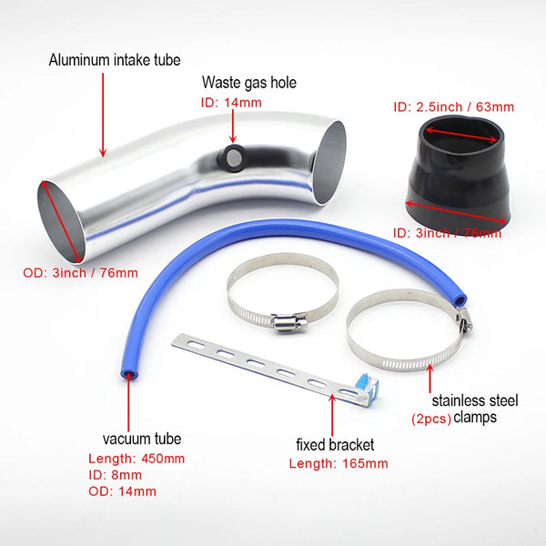 Kit de filtre à air froid à haut débit universel 76 mm (3 pouces) pour voiture modifiée, avec tuyau d'admission en aluminium,