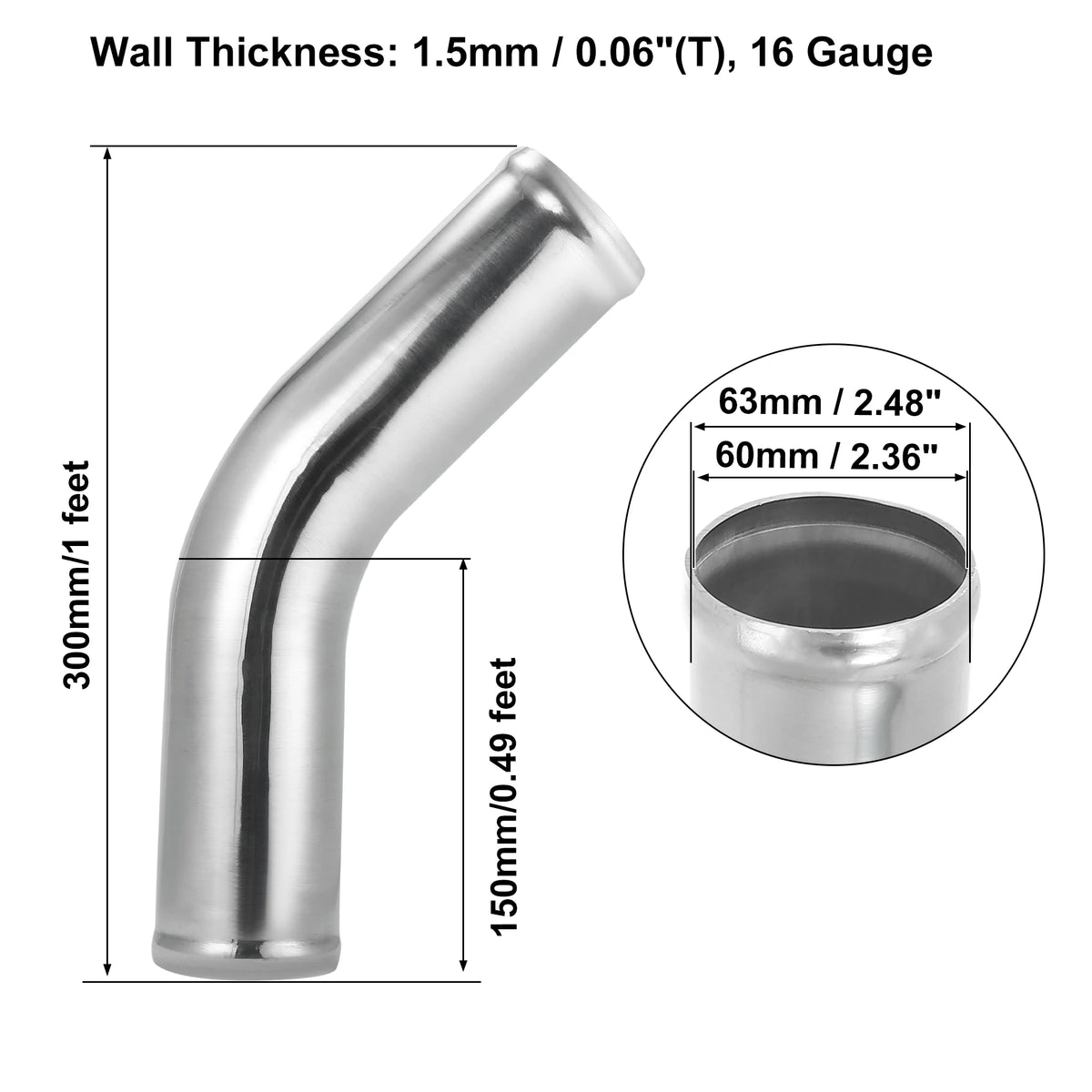 UXCELL 45 Degree Tube d’Intercooler 63mm 70mm 76mm OD 300mm 500mm Long Aluminum Alloy Tube Tube d’Intercooler Admission d’air