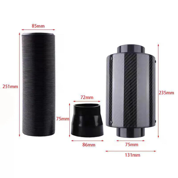 Kit de filtre d'admission d'air en fibre de carbone pour voiture 76 mm avec soufflet d'admission d'air froid et tuyau d'admis