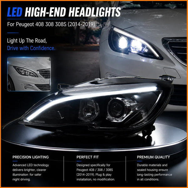 Phares avant Bi-LED à clignotants dynamiques pour Peugeot 308 et 408 (2014–2019)