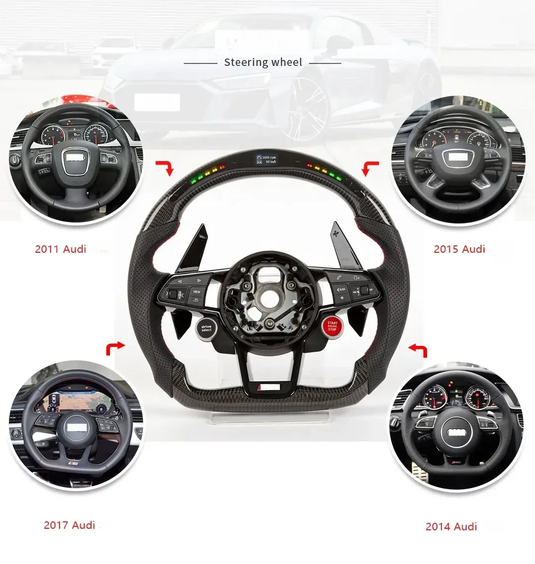 Volant sport en fibre de carbone avec LED RPM pour Audi A3, A4, A5, A6, A7, Q5, Q7, TT, S3, S5, RS3, RS5, RS7 et R8