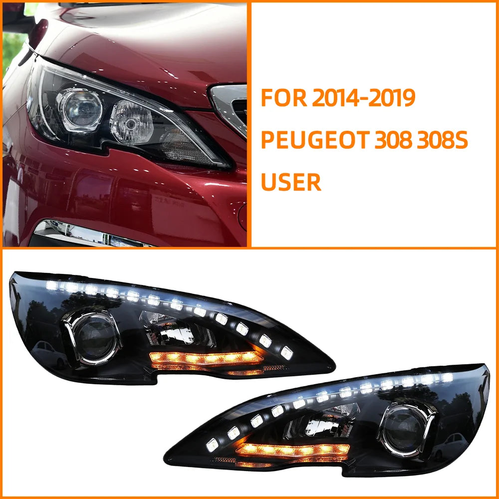Phares avant Bi-LED à clignotants dynamiques pour Peugeot 308 et 408 (2014–2019)