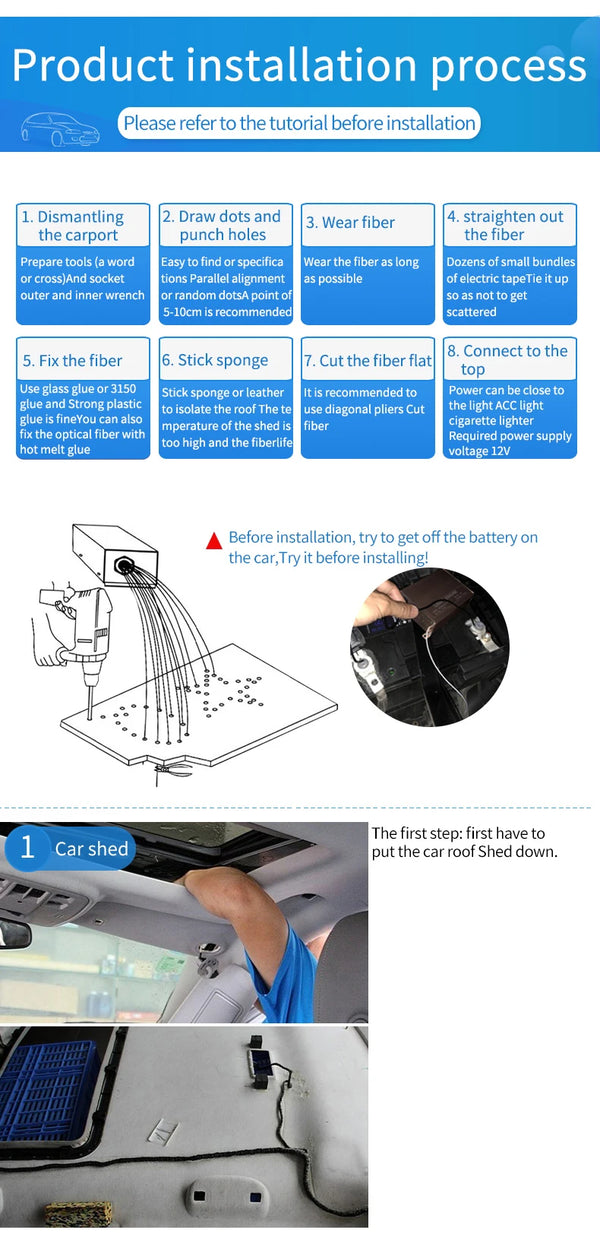 Modification de plafond de voiture 12V avec ciel étoilé à fibres optiques, contrôle Bluetooth via application, dispositif sou