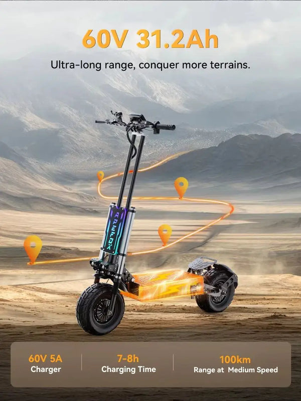Trottinette électrique APEFOX T90 500W à double moteur, batterie 60V31.2Ah, pneus tout-terrain de 13 pouces, trottinette élec
