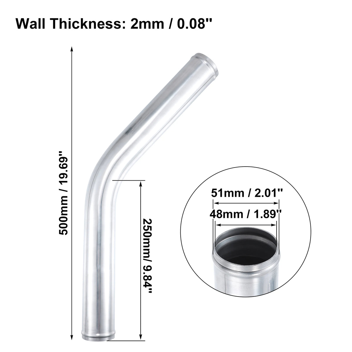 UXCELL 45 Degree Tube d’Intercooler 63mm 70mm 76mm OD 300mm 500mm Long Aluminum Alloy Tube Tube d’Intercooler Admission d’air