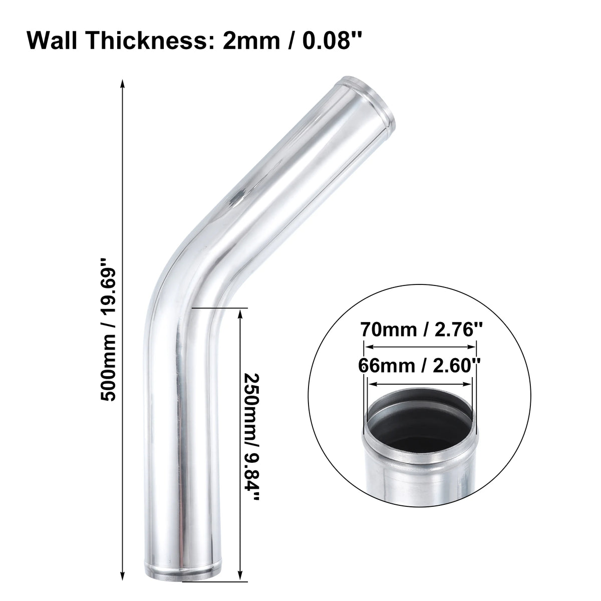 UXCELL 45 Degree Tube d’Intercooler 63mm 70mm 76mm OD 300mm 500mm Long Aluminum Alloy Tube Tube d’Intercooler Admission d’air