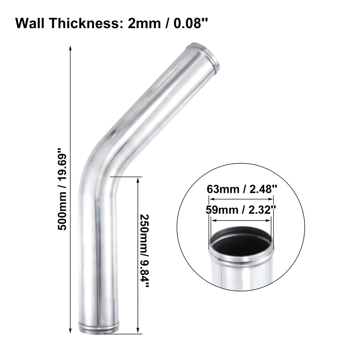 UXCELL 45 Degree Tube d’Intercooler 63mm 70mm 76mm OD 300mm 500mm Long Aluminum Alloy Tube Tube d’Intercooler Admission d’air