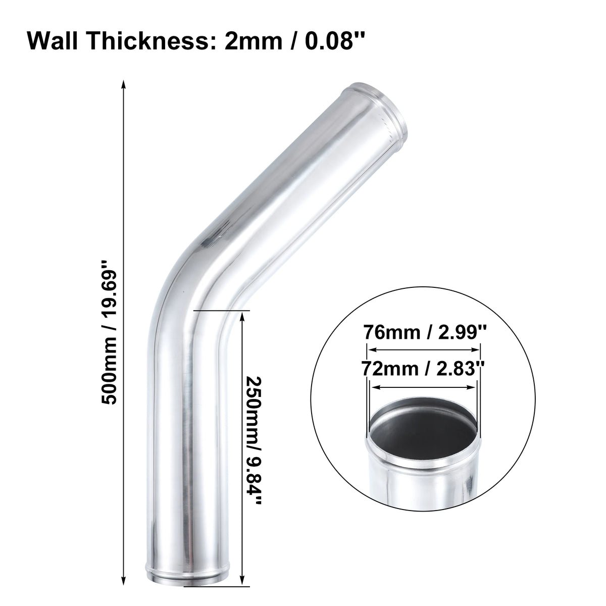UXCELL 45 Degree Tube d’Intercooler 63mm 70mm 76mm OD 300mm 500mm Long Aluminum Alloy Tube Tube d’Intercooler Admission d’air