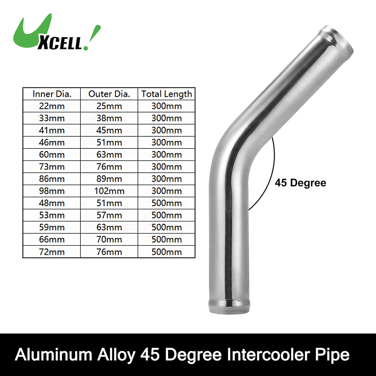UXCELL 45 Degree Tube d’Intercooler 63mm 70mm 76mm OD 300mm 500mm Long Aluminum Alloy Tube Tube d’Intercooler Admission d’air