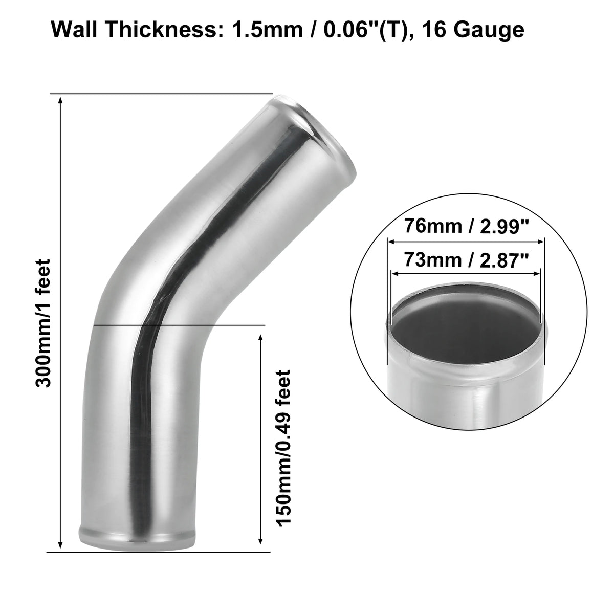 UXCELL 45 Degree Tube d’Intercooler 63mm 70mm 76mm OD 300mm 500mm Long Aluminum Alloy Tube Tube d’Intercooler Admission d’air