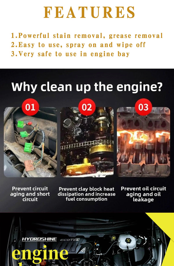 Nettoyant moteur Hydroshine : Décontamination puissante pour le compartiment moteur de la voiture, outil de nettoyage, spray 