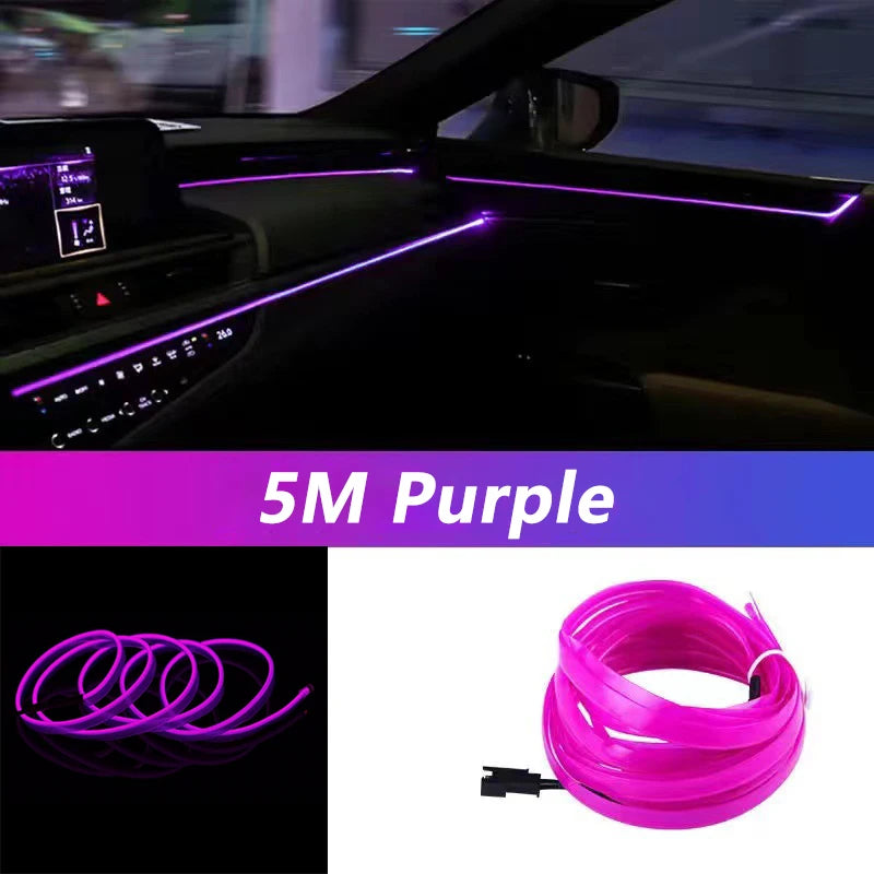 Bande lumineuse LED pour intérieur de voiture, néon, câblage EL, lampe décorative pour automobile, bricolage, lumière ambiante flexible, USB, escales de fête, diode, 5m