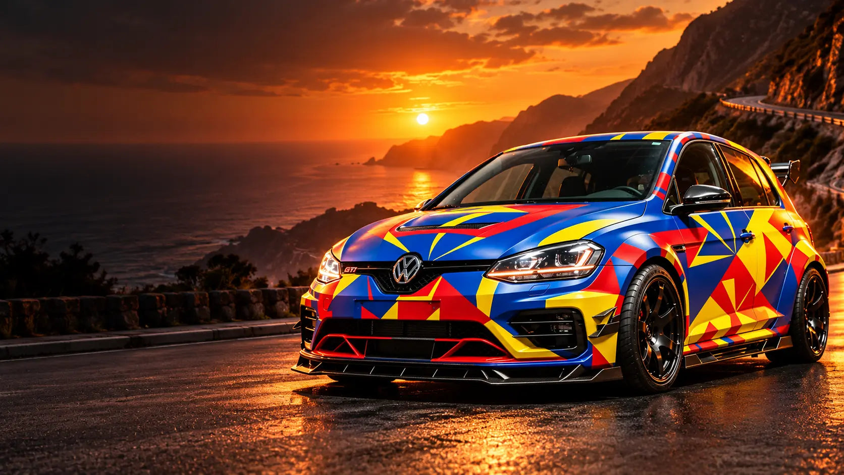 Golf GTI multicolore sur une route côtière au coucher du soleil