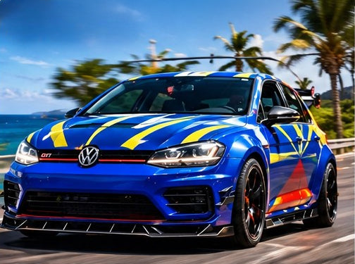Volkswagen Golf R multicolore sur la route côtière de La Réunion