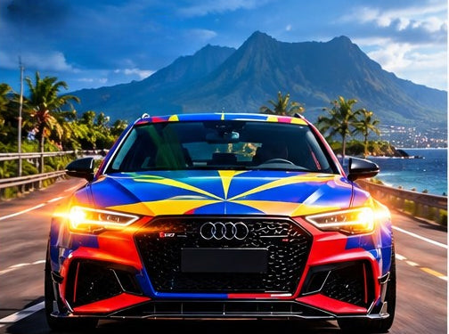 Audi RS multicolore, appel de phares sur la route de La Réunion