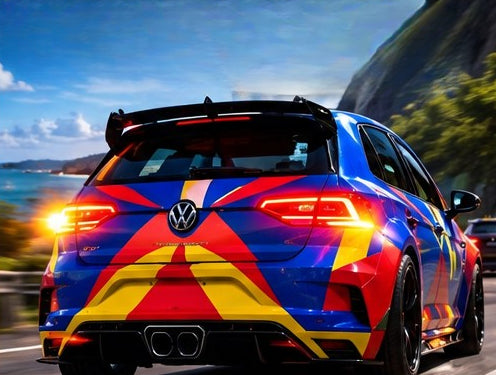 Volkswagen Golf R multicolore, vue arrière feux allumés